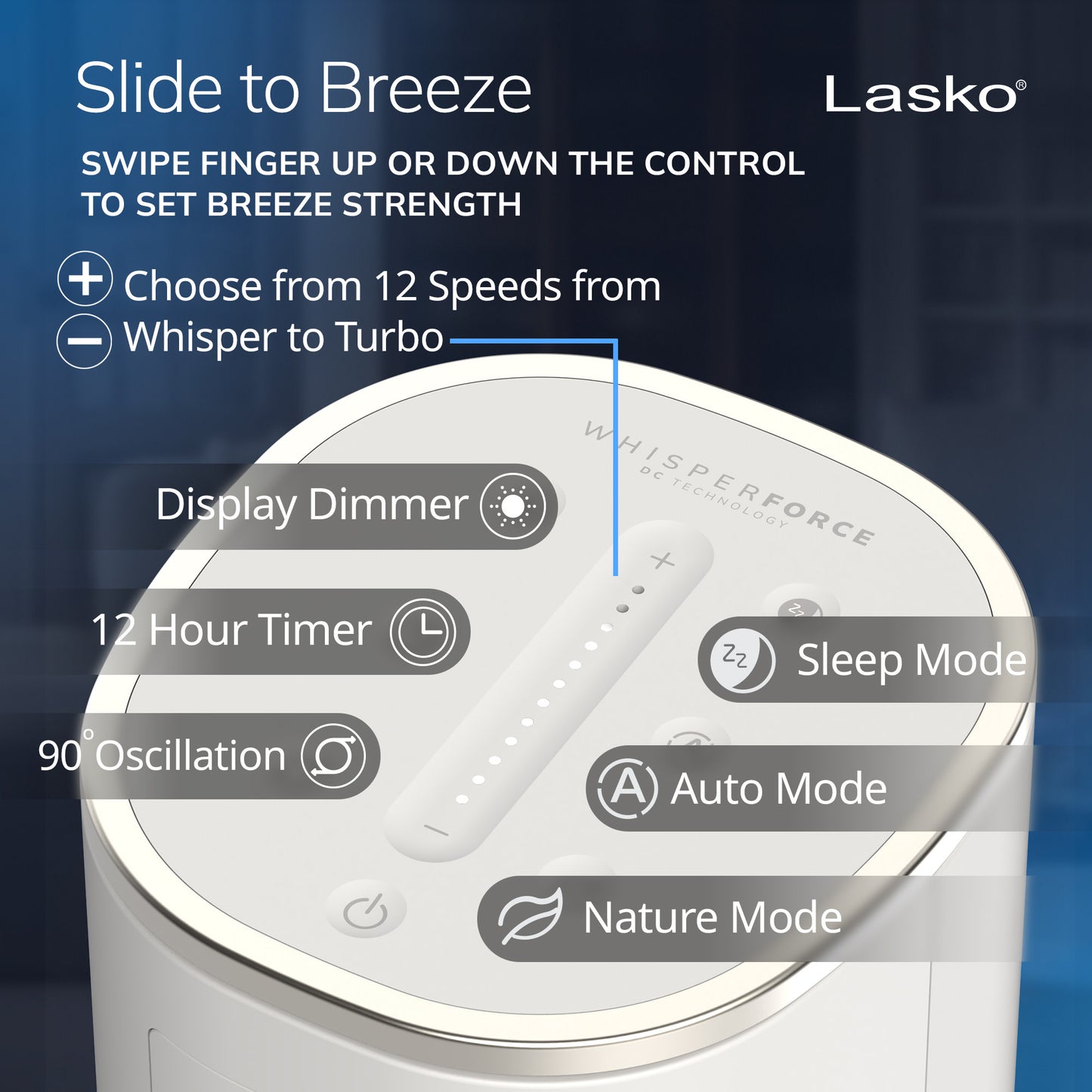 Lasko WhisperForce™ DC 40" Tower Fan (12-speed, remote, timer, air filtration, white/black)