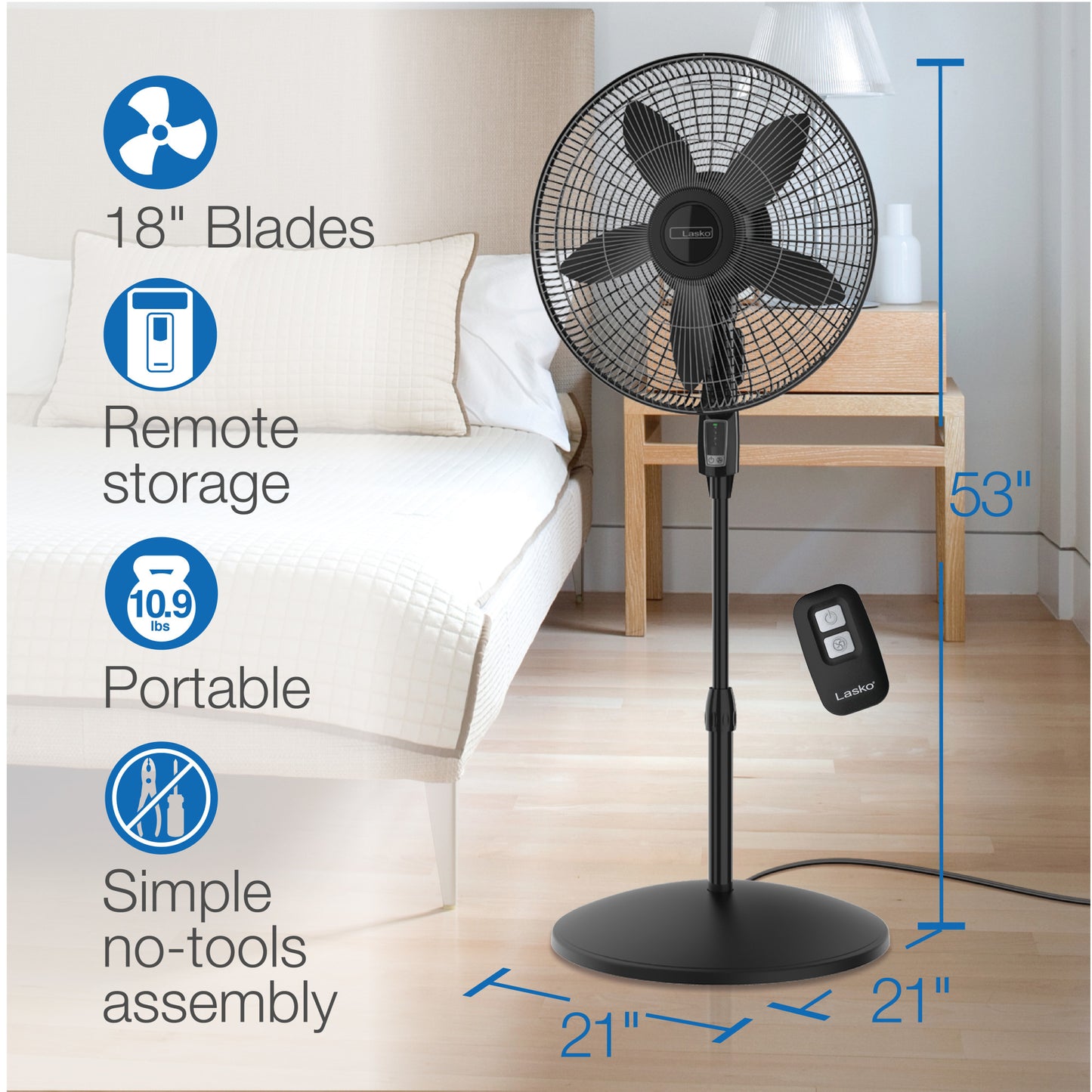 Lasko 18" 4-Speed Pedestal Fan with, Remote Control, S18440, Black