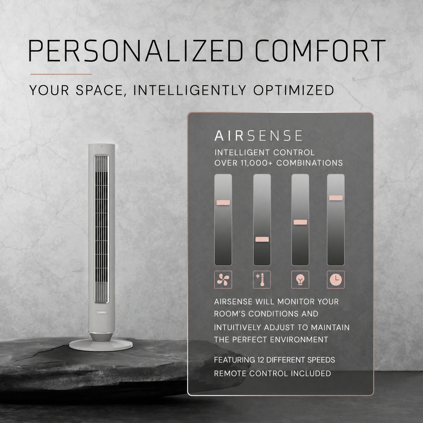 Lasko Pinnacle 40" DC Tower Fan: Oscillating, 12-Speed, Remote, Timer, Gray