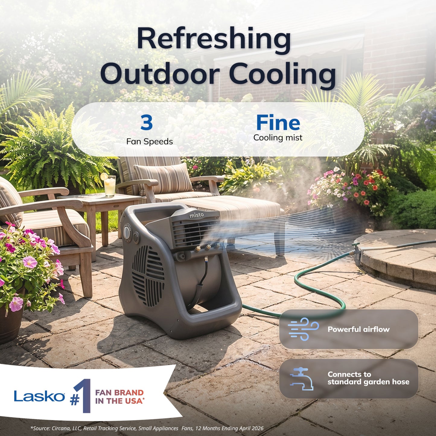 Lasko Misto 15" Outdoor Misting Fan: 3-Speed, Pivoting, Powered Louvers, Black