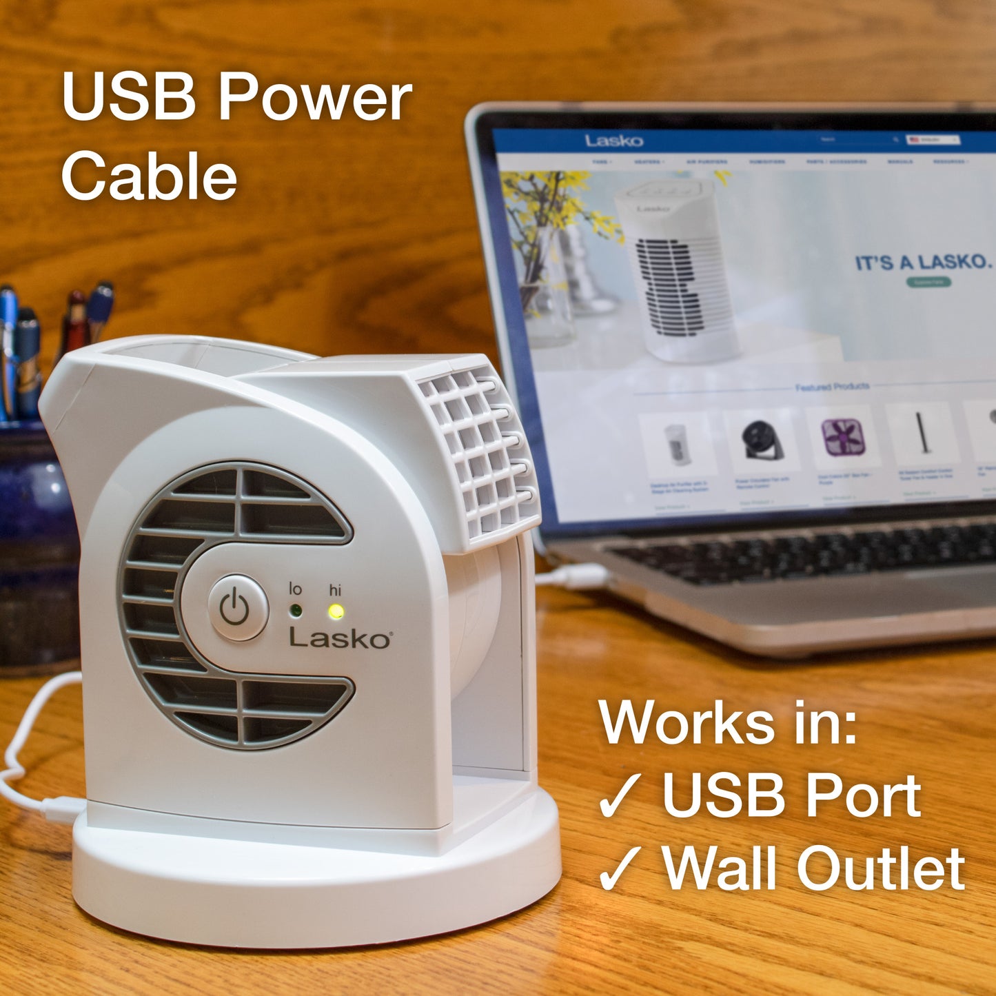 Lasko MyCool Mini USB 2- Speed Desk Fan with USB Cable and AC Adapter, D300, White