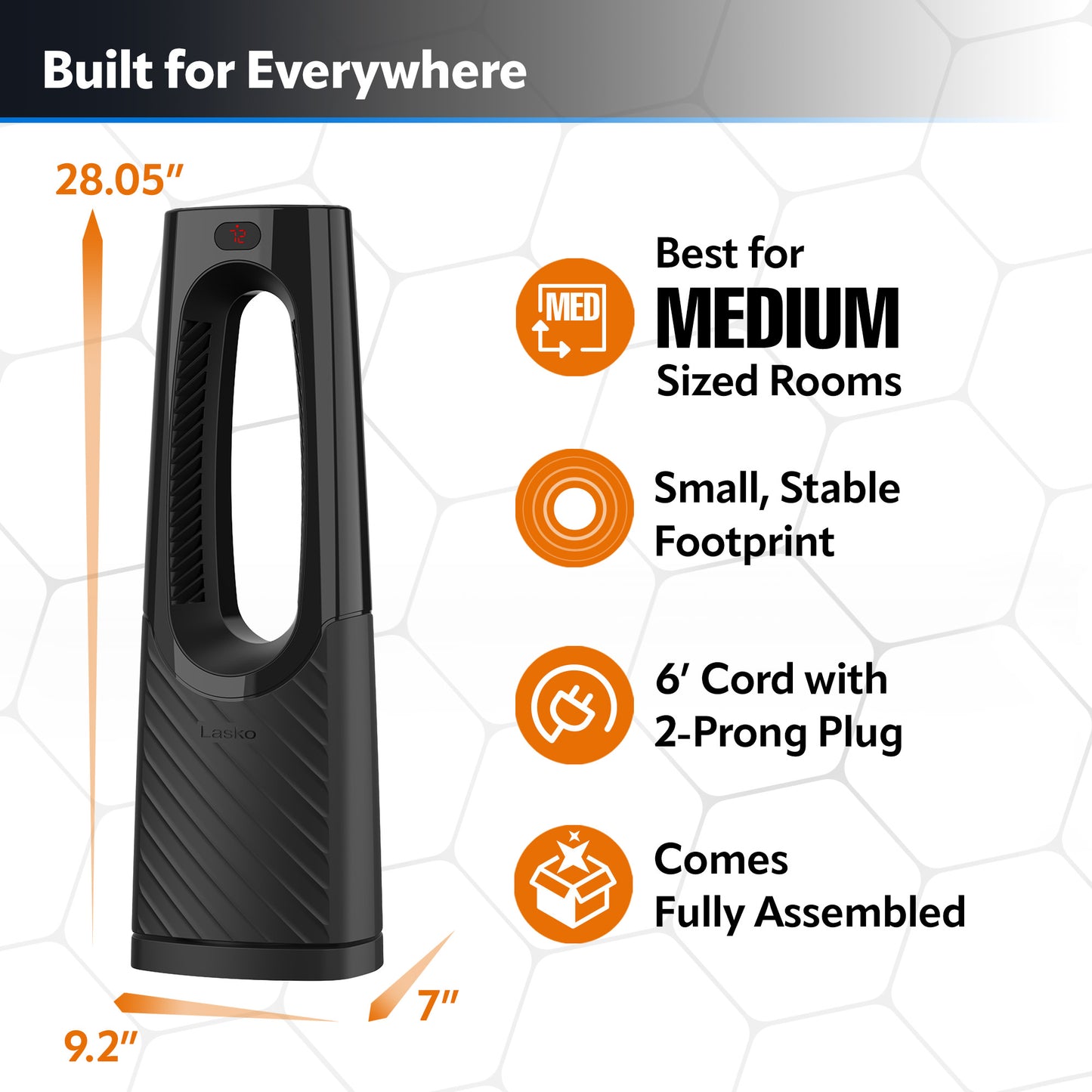 Lasko 1500W Bladeless Tower Heater with Tip Over Switch and Remote Control, CW210, black