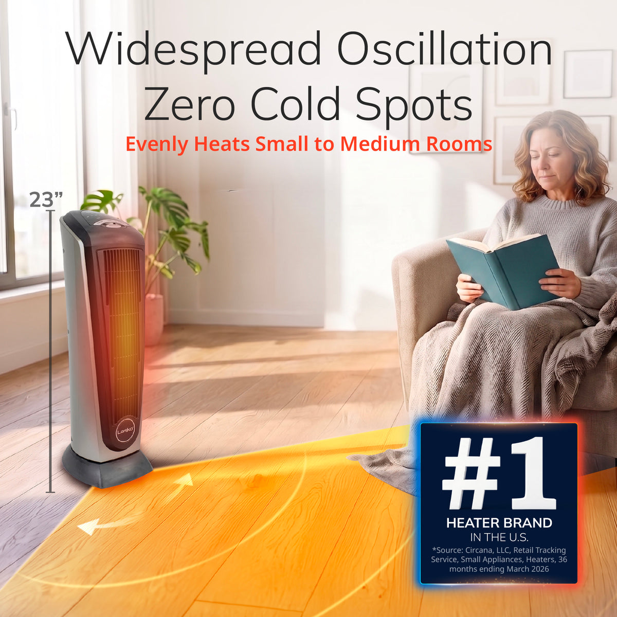 Lasko 23" Ceramic Tower Space Heater: Oscillating, 2 Heat Settings, Remote, Timer, Thermostat