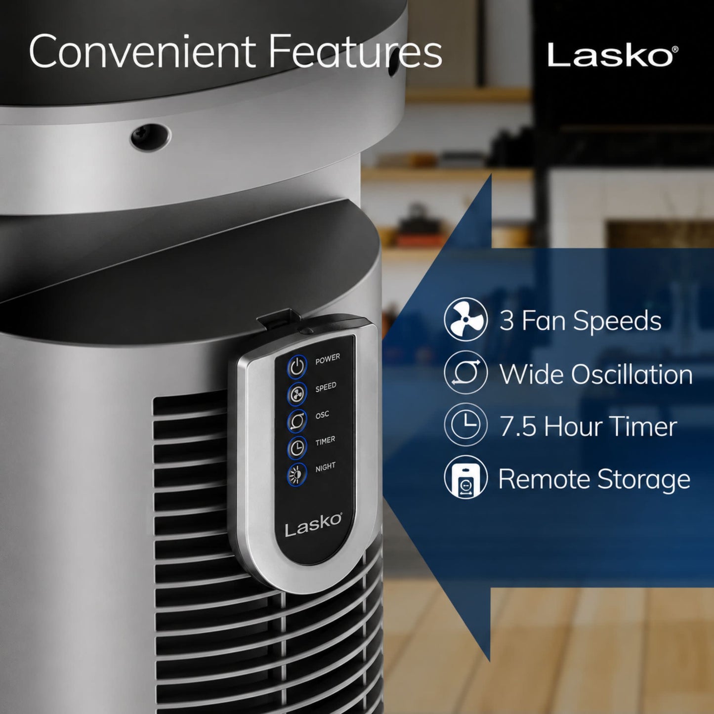 Lasko Wind Curve 42" Tower Fan: Oscillating, 3-Speed, Remote, Timer, Gray