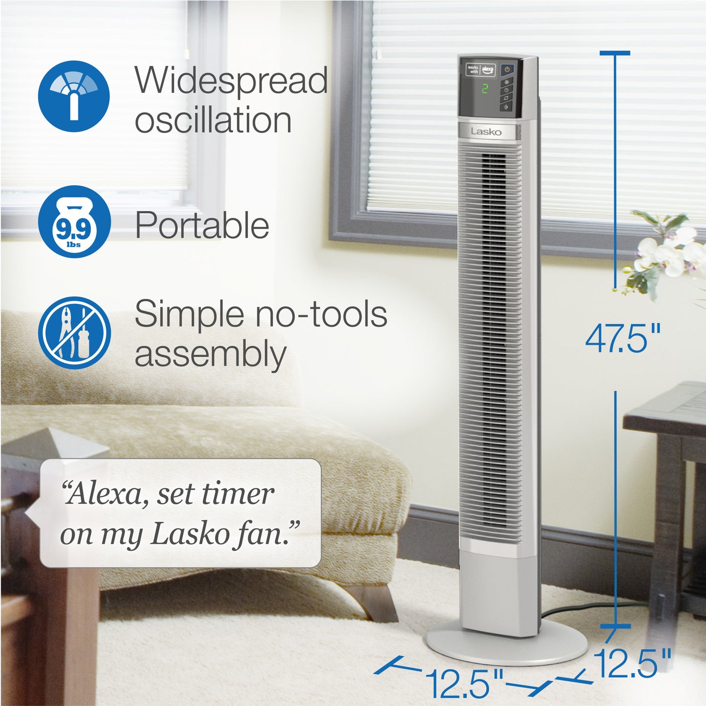Lasko 48" Alexa Enabled 4-Speed Tower Fan with Timer, T48401, White
