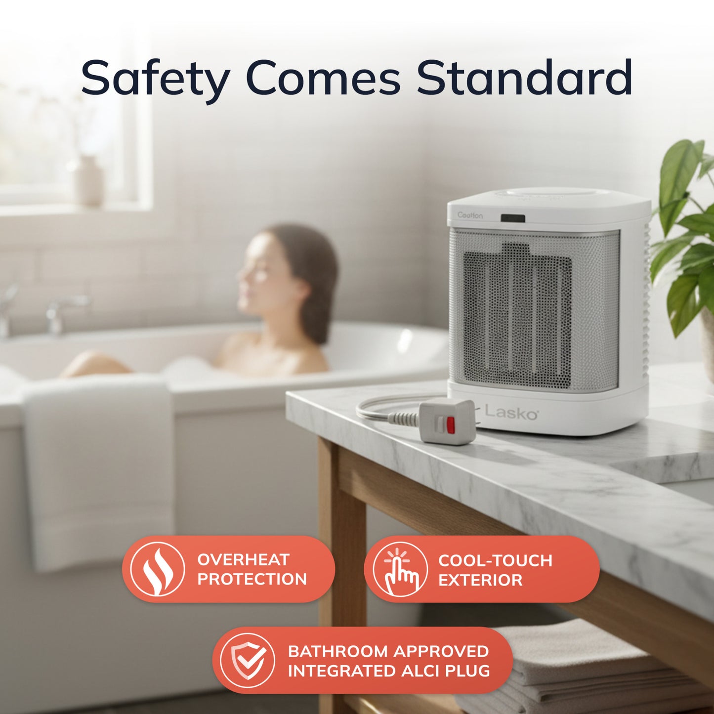 Lasko 1500W Bathroom Space Heater with ALCI Safety Plug and Timer, CD08200, White