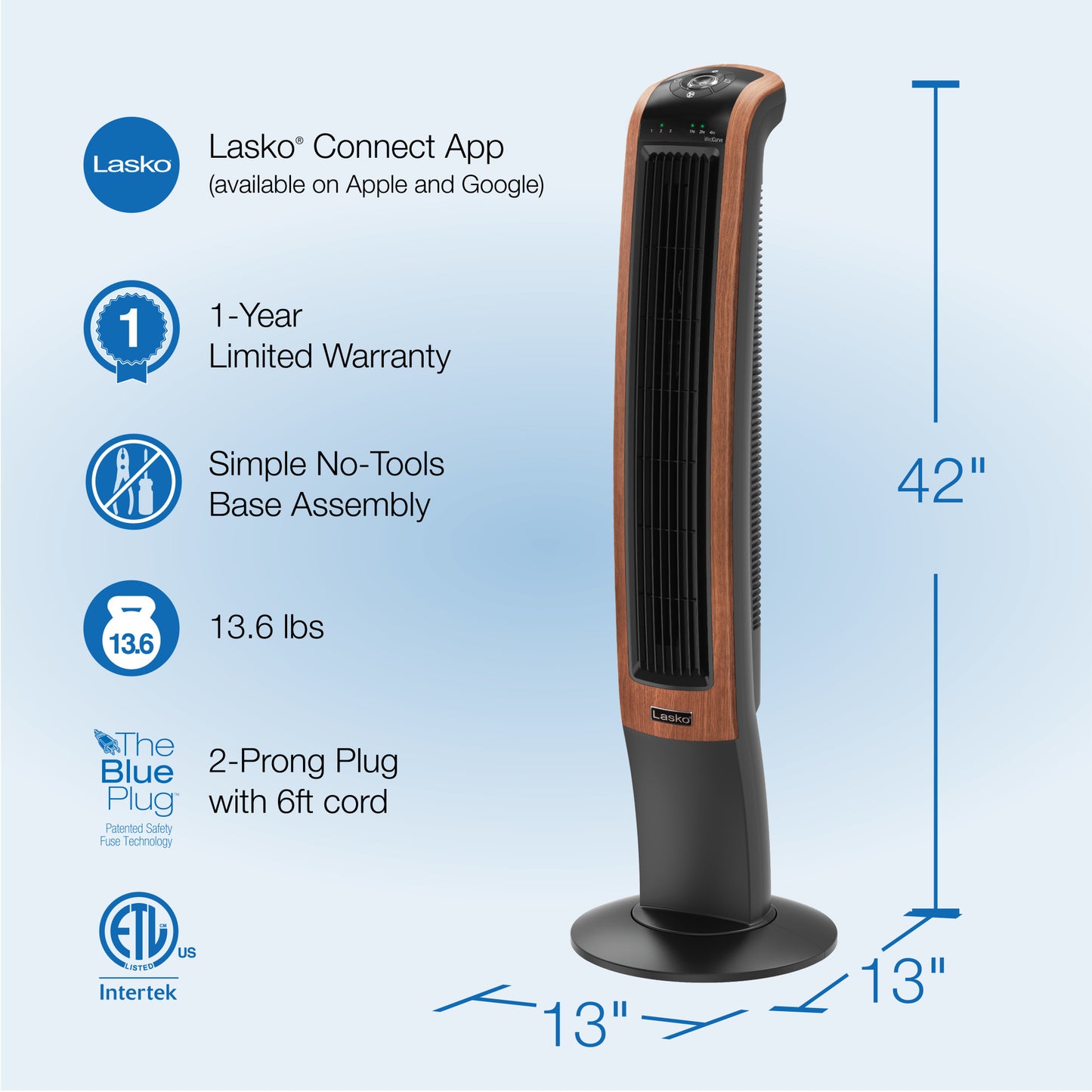 Lasko 42" Wind Curve 3-Speed Oscillating Tower Fan with Bluetooth® Technology, T42905, Woodgrain