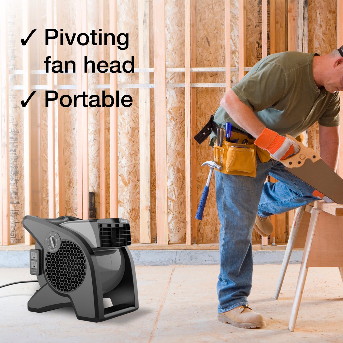 Air King 15" Air Mover Blower Fan: 3-Speed, High Velocity, 2 Outlets, Pivoting, Black