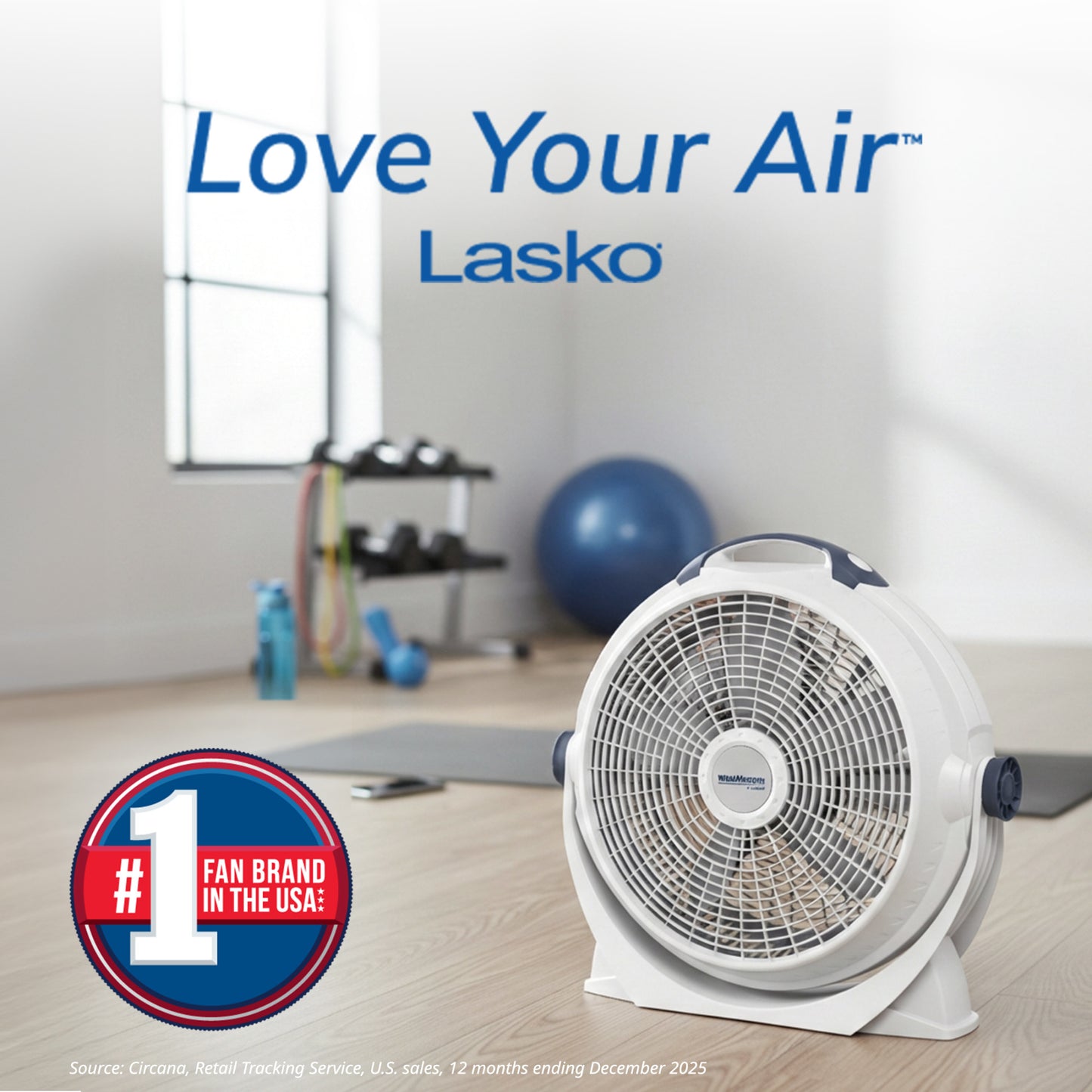 Lasko Wind Machine® 20" Air Circulator Floor Fan (3-speed, manual, 360° airflow, light gray)