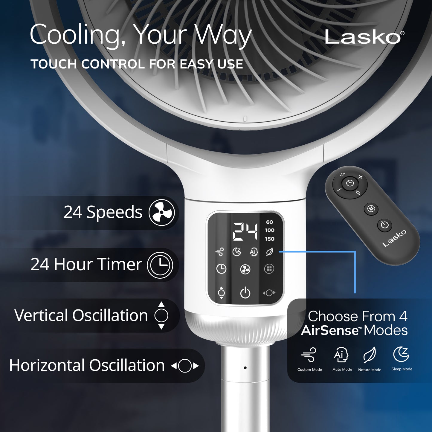 Lasko WhisperForce™ 24-speed DC Motor Pedestal Fan with Remote & Timer (white, model APDC301)