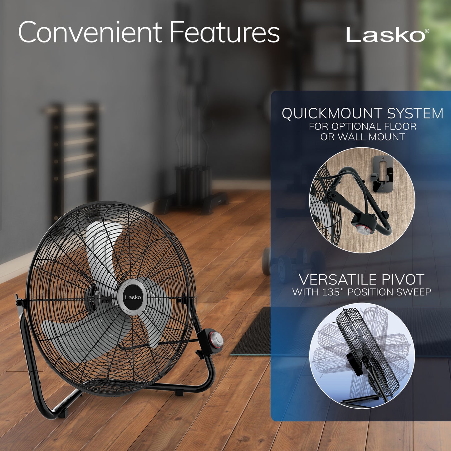 Lasko 20" Max Performance High Velocity Floor Fan with Wall Mount Option and 3 Speeds, 2264QM, Black