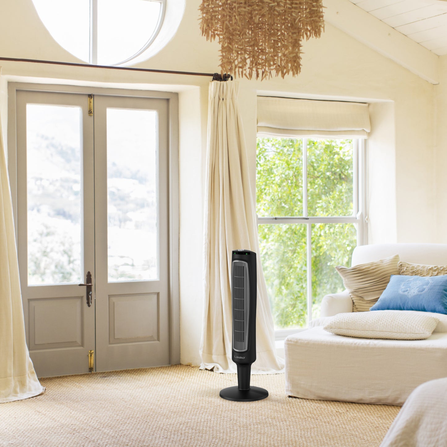 Lasko 38" Oscillating 3- Speed Wind Tower Fan with Remote, T38305, Black/Silver