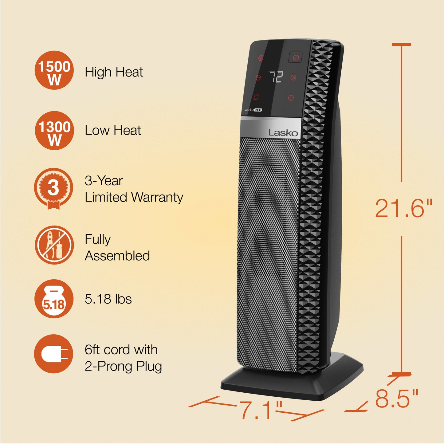 Lasko Elite Collection 1500W Ceramic Tower Space Heater with Tip-Over Switch, CT22445