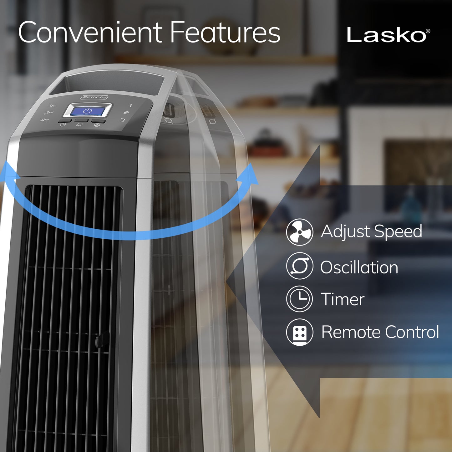 Lasko High Velocity Tower Fan with Remote Control, U35115, Silver/Black