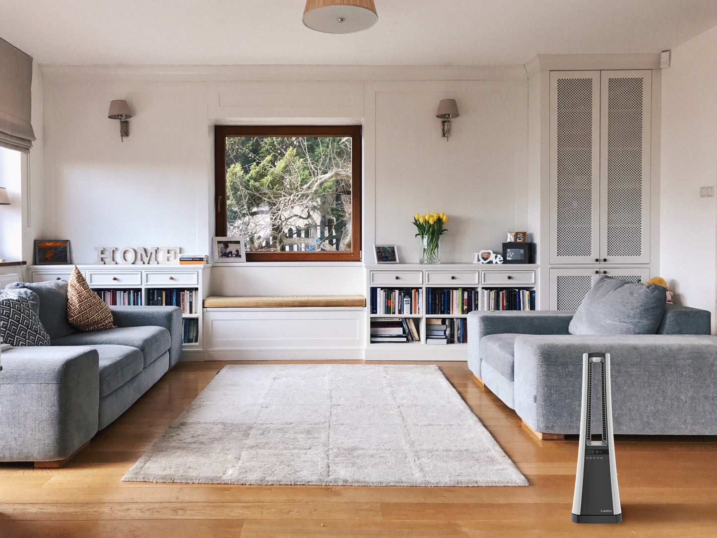 Lasko 1500W Oscillating Bladeless Tower Space Heater with Remote and Timer, AW300, White/Gray