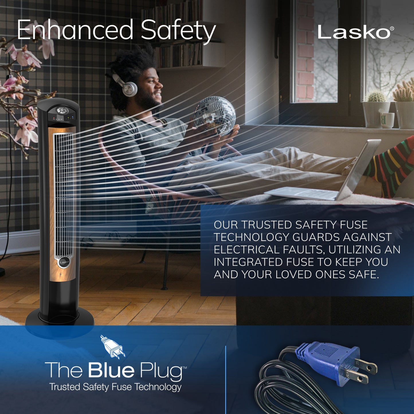 Lasko 42" Wind Curve 3-Speed Tower Fan with Fresh Air Ionizer and Remote, T42950, Black/Woodgrain