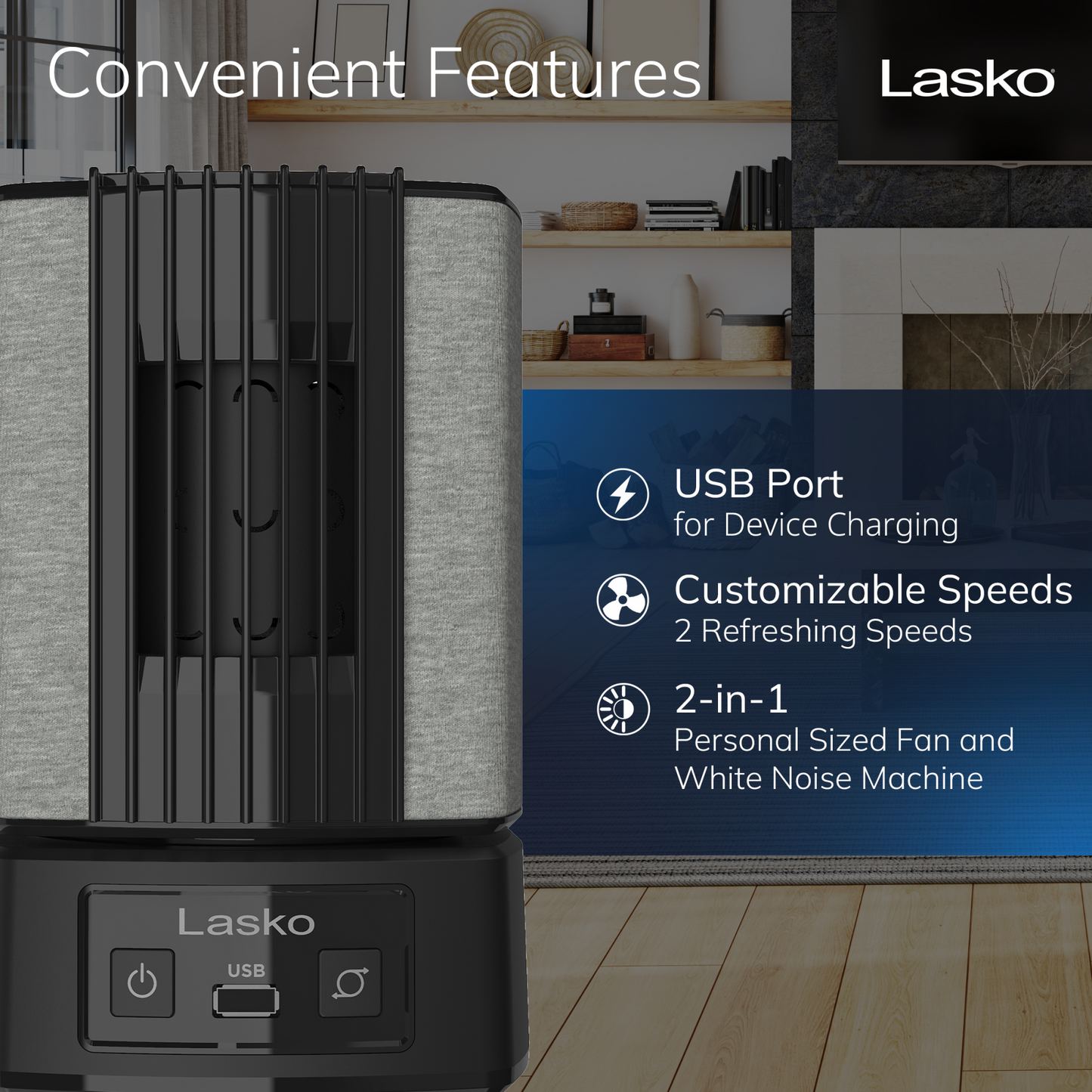 Lasko SlumberBreeze 2-in-1 Table Fan and White Noise Machine, SB100, Black