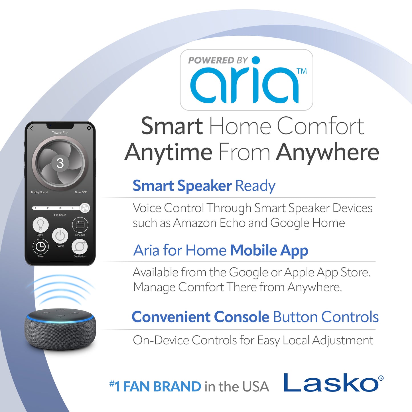 Lasko Aria™ T40733 40" 5-Speed WiFi Smart Tower Fan with Dark Mode: black