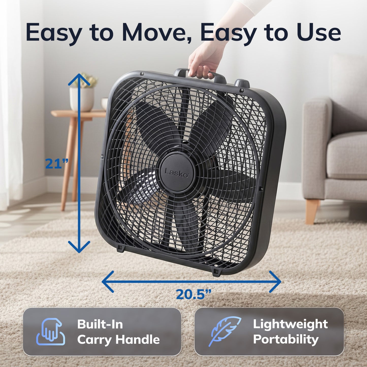 Lasko Cool Colors 20" Box Fan: 3-Speed, Weather-Resistant Motor, Black