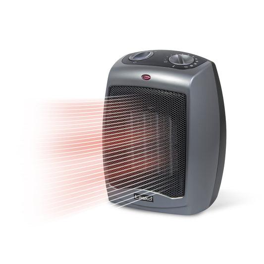 Lasko 9" Ceramic Table Top Heater (2 heat settings, manual, thermostat, tip-over switch, gray)