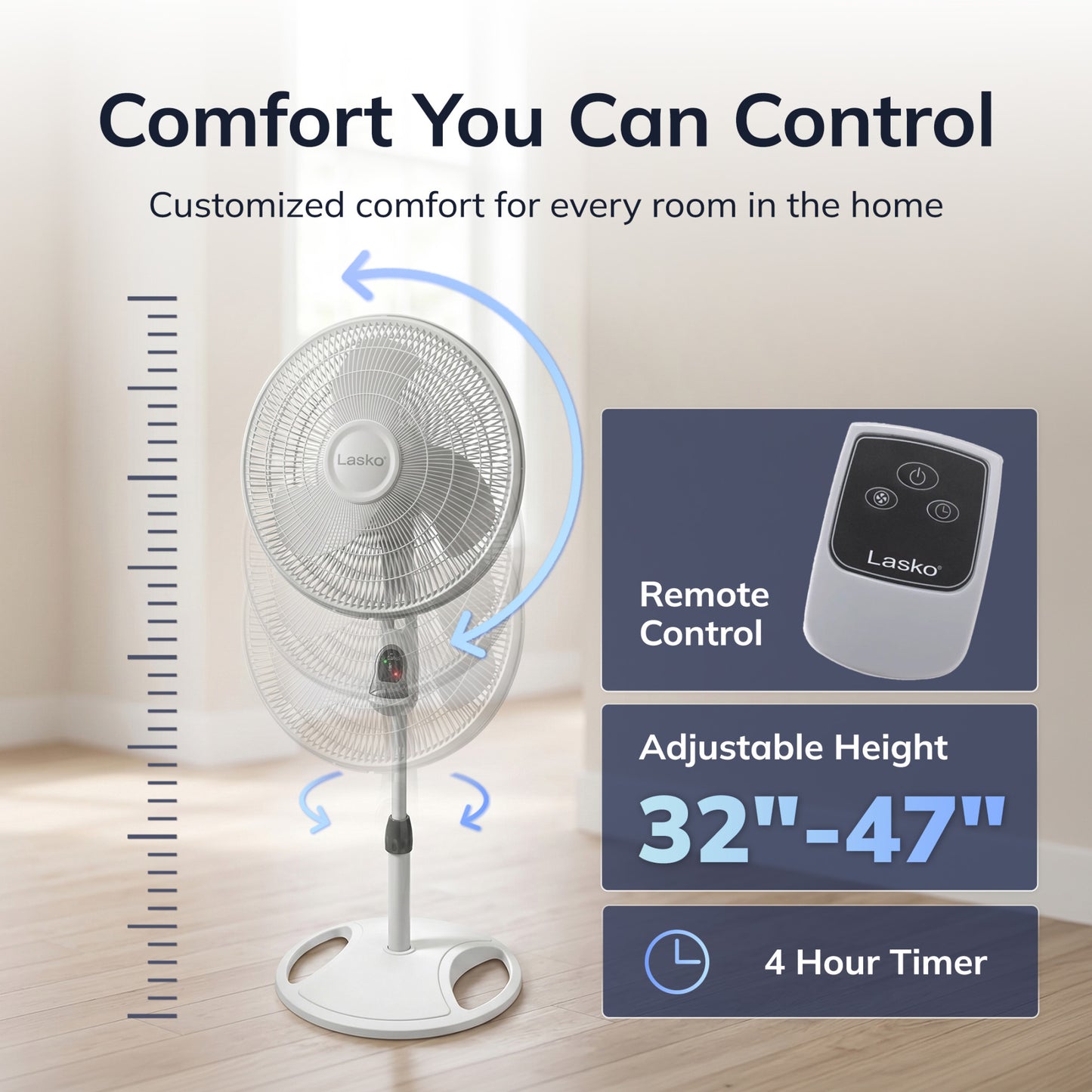 Lasko 16" Pedestal Fan: Oscillating, 3-Speed, Remote, Timer, White