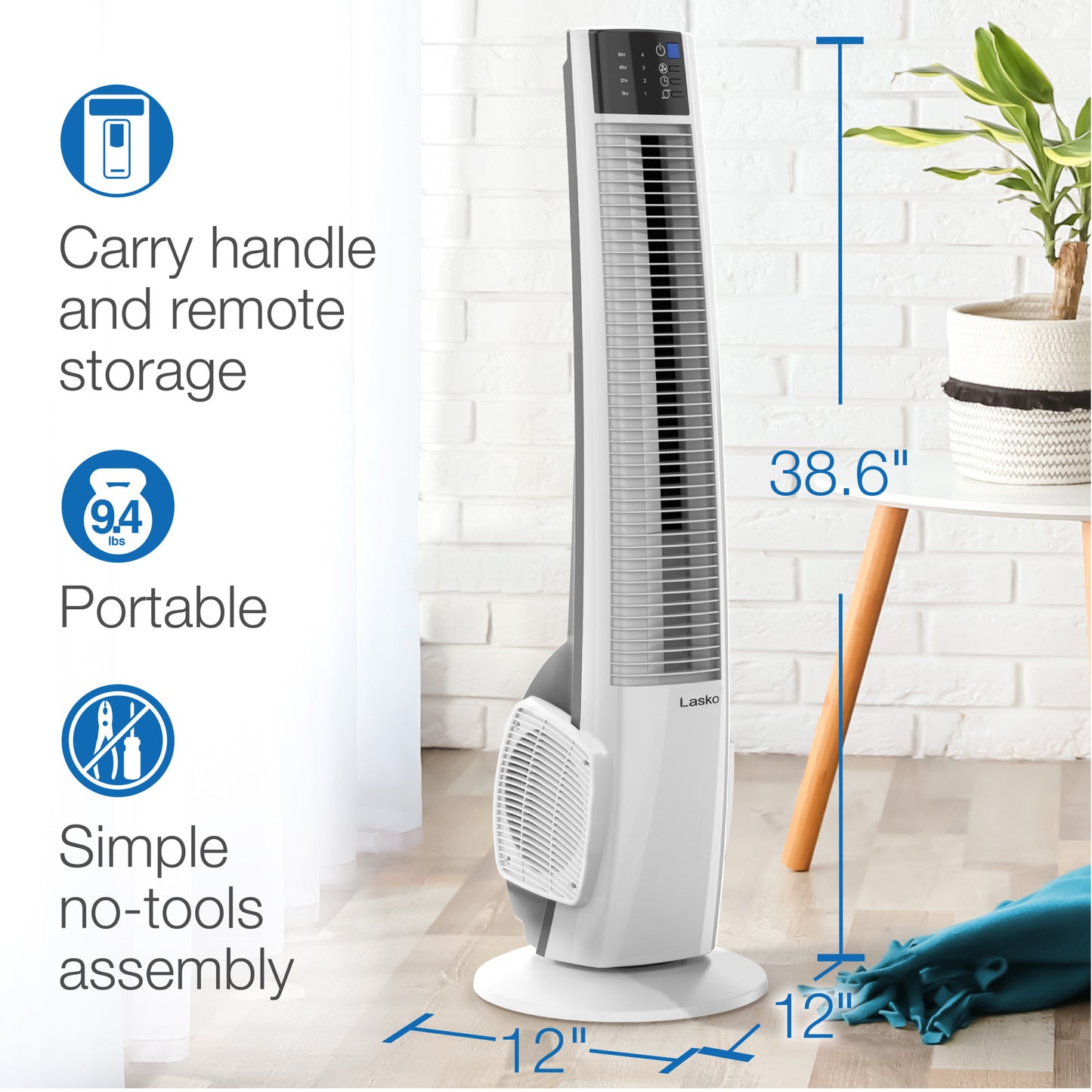 Lasko 38" Oscillating Tower Fan with Remote Control, T38400, White