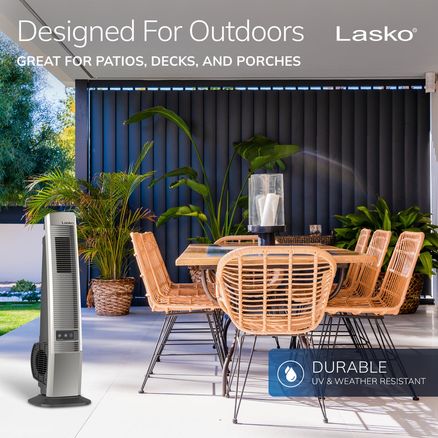 Lasko 42" 4-Speed Oscillating Outdoor Tower Fan with 10-Foot Power Cord, YF202, Gray