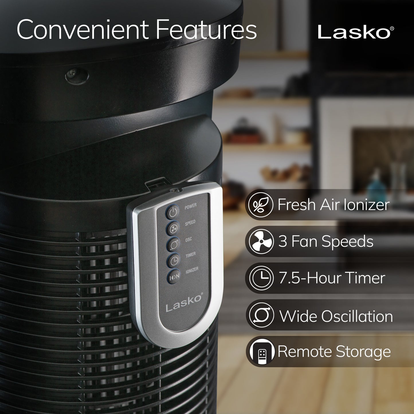 Lasko 42" Wind Curve 3-Speed Tower Fan with Fresh Air Ionizer and Remote, T42950, Black/Woodgrain