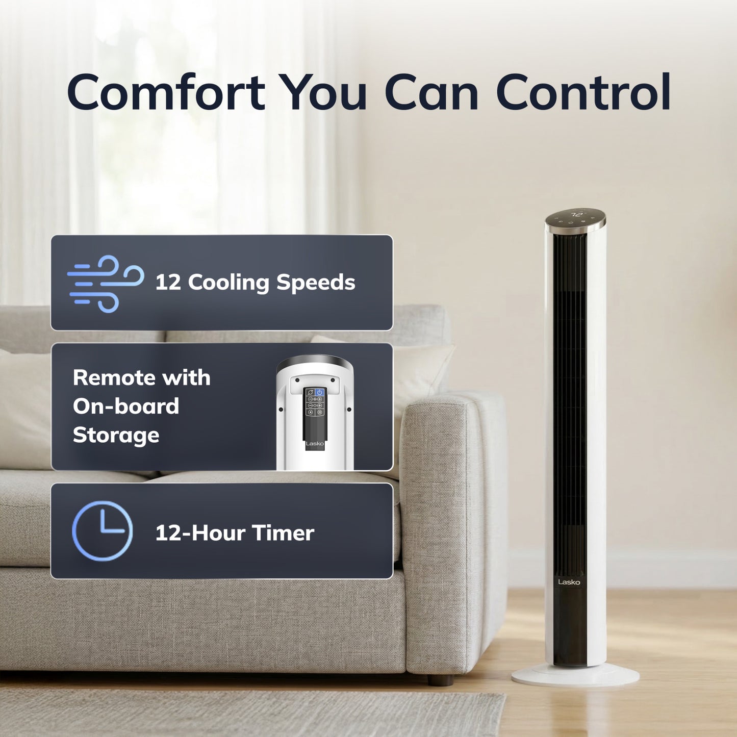 Lasko WhisperForce™ DC 42" Tower Fan (12-speed, remote, white)